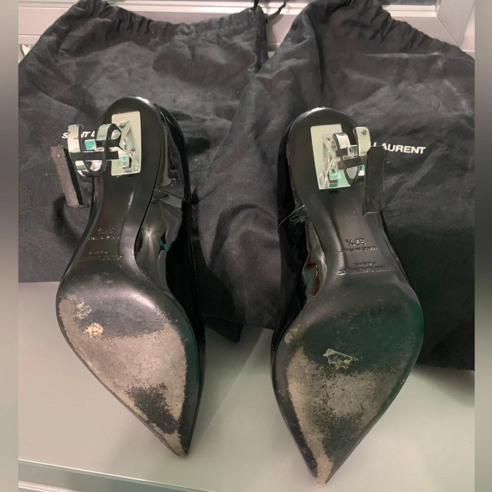 Yves Saint Laurent Black Patent Leather Opyum Heels with Silver YSL Logo Heels - Picture 3 of 5